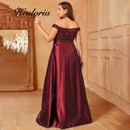 HEULORIA Plus Size Off-the-Shoulder Sequin Bodice Satin Evening Gown with Thigh Slit ED-383