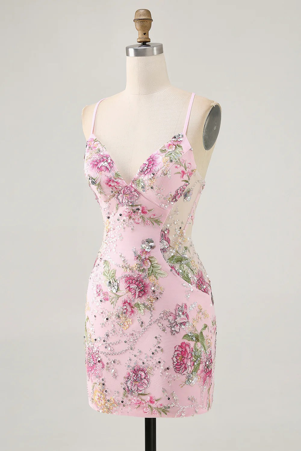 HEULORIA Floral Embroidered Sequin Bodycon Mini Dress with Sheer Mesh Cut-outs and Lace-Up Back ED-597