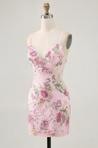 HEULORIA Floral Embroidered Sequin Bodycon Mini Dress with Sheer Mesh Cut-outs and Lace-Up Back ED-597