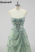 HEULORIA Sequin Lace Tiered Tulle Prom Dress with Spaghetti Straps ED-577