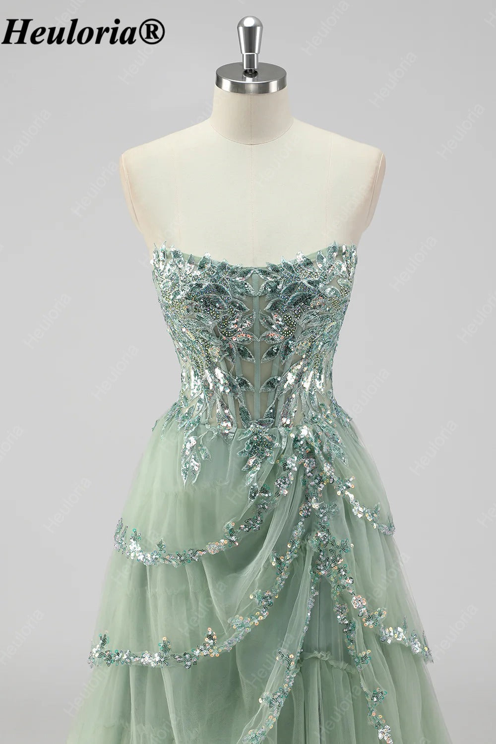 HEULORIA Sequin Lace Tiered Tulle Prom Dress with Spaghetti Straps ED-577