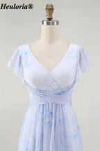 heuloria-Floral V-Neck Flutter Sleeve Bridesmaid Dress with Ruffle Slit-ed-564