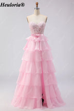 heuloria Strapless Lace Tiered Ruffle Prom Dress with Bow Waist ed-514
