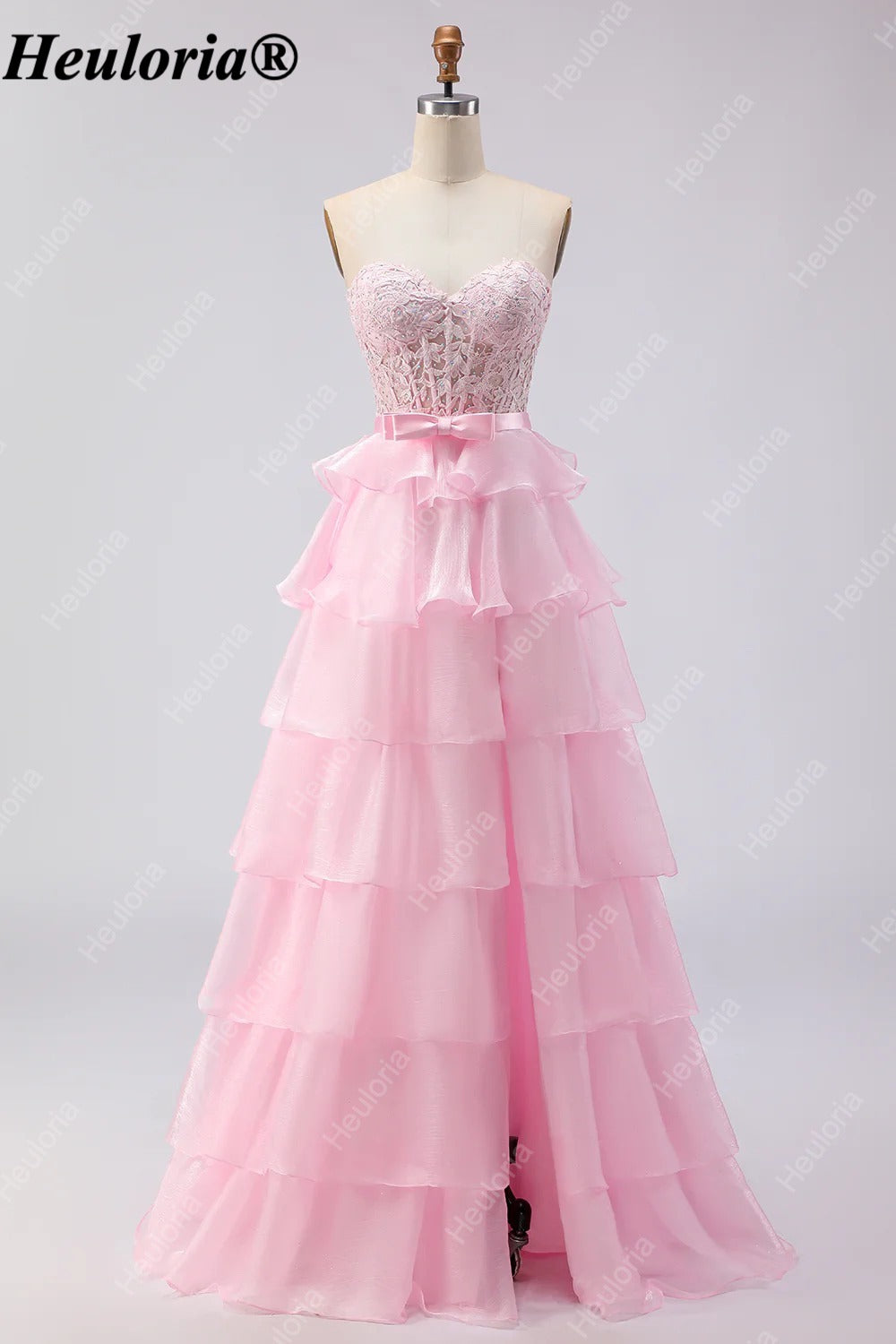 heuloria Strapless Lace Tiered Ruffle Prom Dress with Bow Waist ed-514