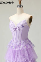heuloria Strapless Floral Tiered Tulle Corset Prom Dress with Bow ed-507