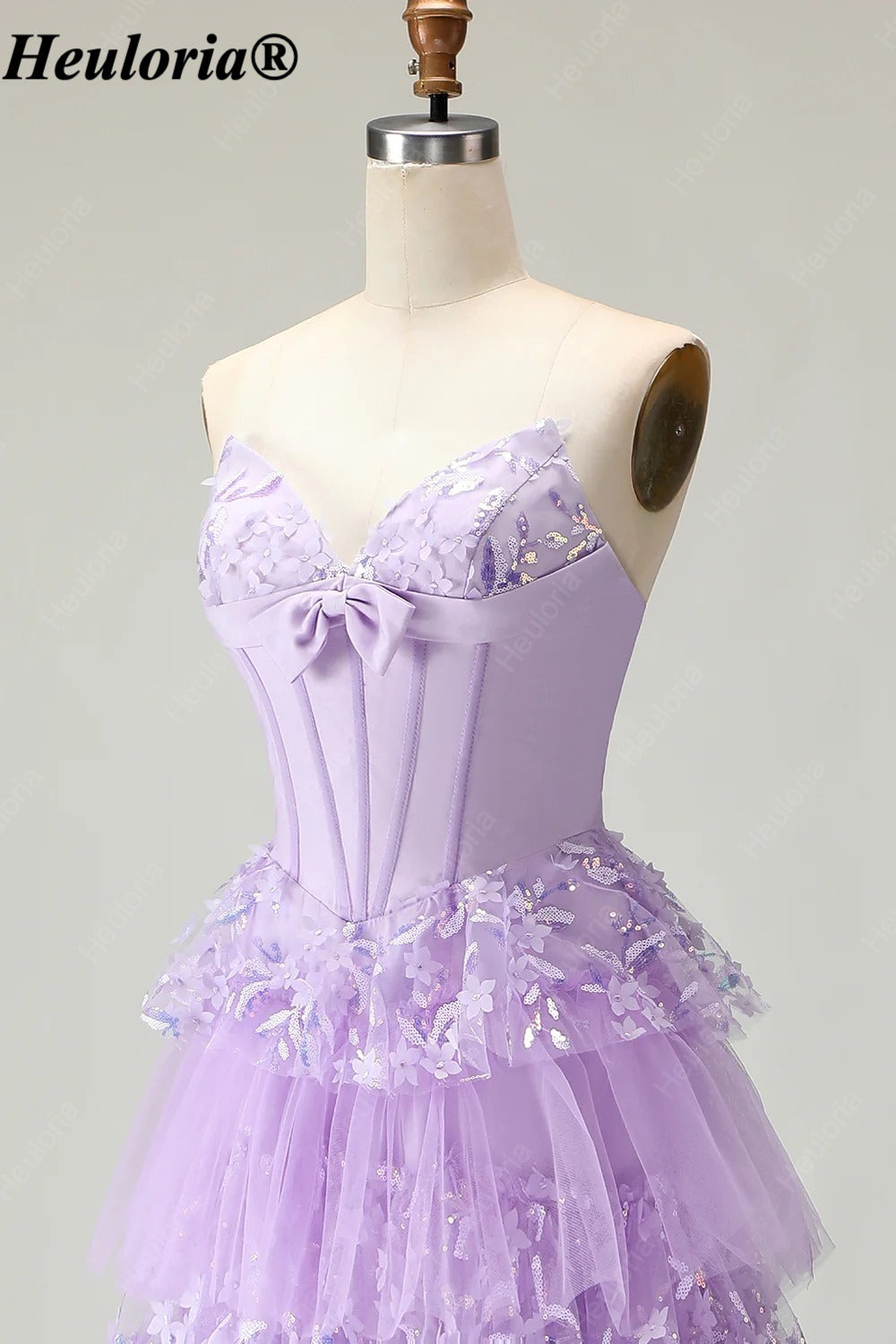 heuloria Strapless Floral Tiered Tulle Corset Prom Dress with Bow ed-507