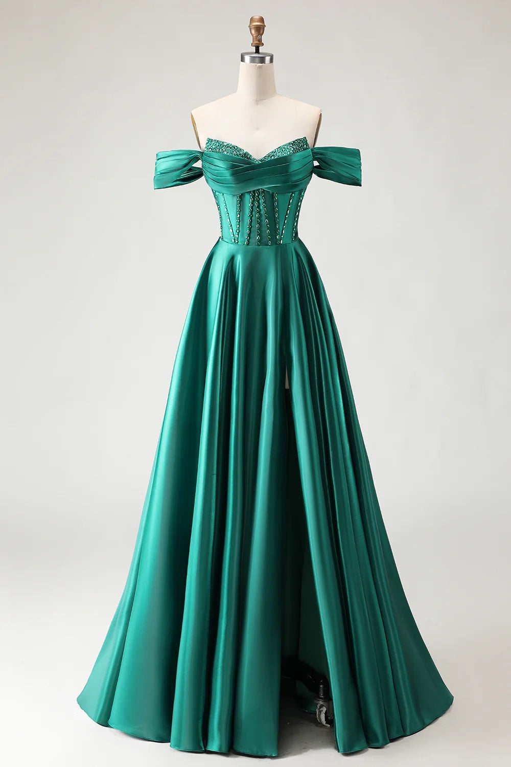 HEULORIA Off-the-Shoulder Sequin Beaded Satin Prom Dress with Slit & Corset Back ED-586