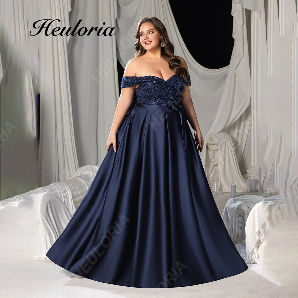 HEULORIA Plus Size Off-The-Shoulder Sequin & Satin Evening Gown with High Slit ED-382