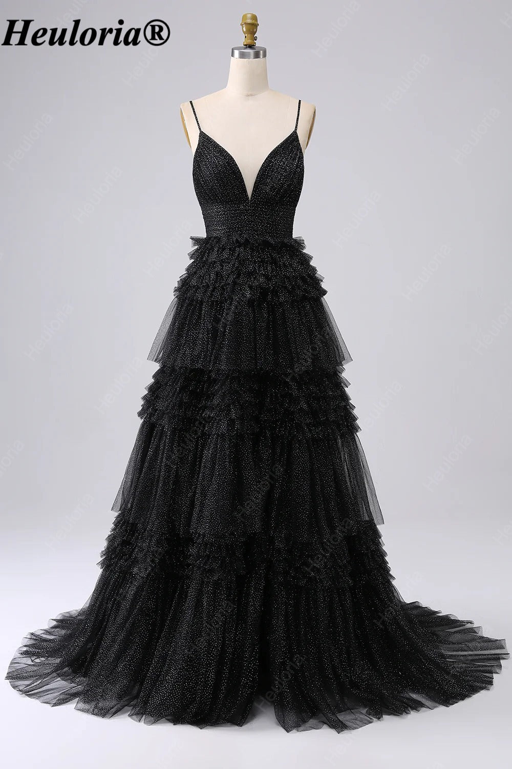 HEULORIA V-Neck Tiered Glitter Tulle Prom Dress with Spaghetti Straps ED-364