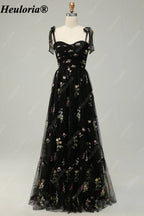 heuloria Floral Embroidered Tulle A-Line Dress with Bow Straps ed-525