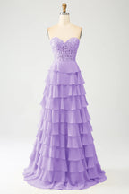 HEULORIA Strapless Sweetheart Lace Bodice Tiered Ruffle Chiffon Prom Gown - Available in Multiple Colors evening dresses ED-235