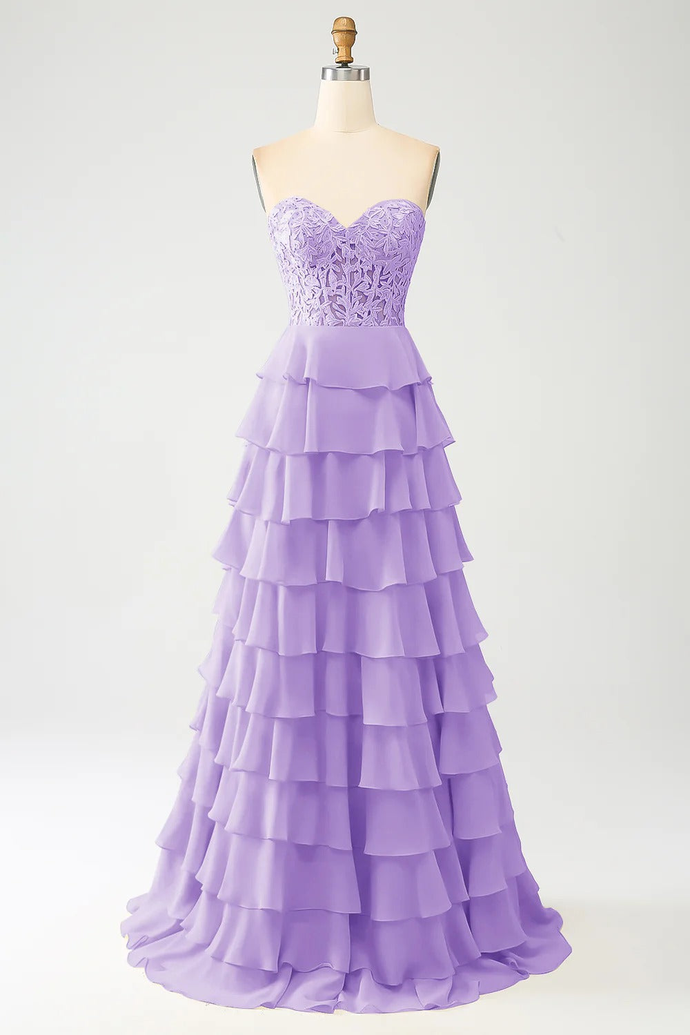 HEULORIA Strapless Sweetheart Lace Bodice Tiered Ruffle Chiffon Prom Gown - Available in Multiple Colors evening dresses ED-235