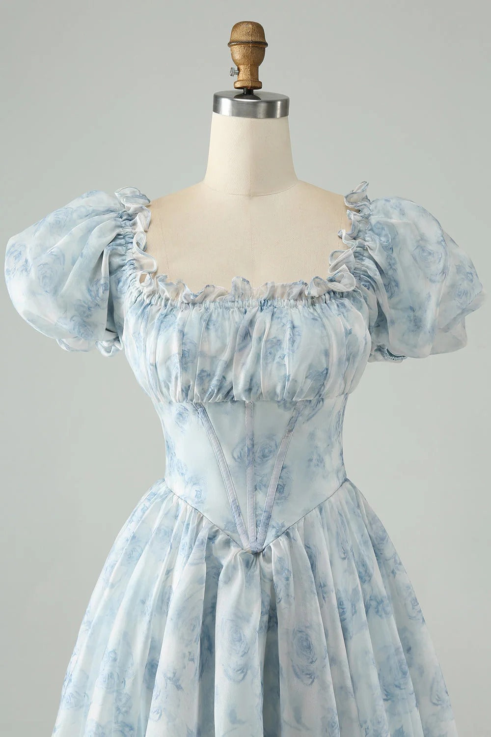 HEULORIA Romantic Floral Puff Sleeve Square Neck Mini Dress with Corset Waist ED-592