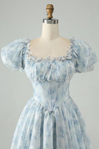 HEULORIA Romantic Floral Puff Sleeve Square Neck Mini Dress with Corset Waist ED-592