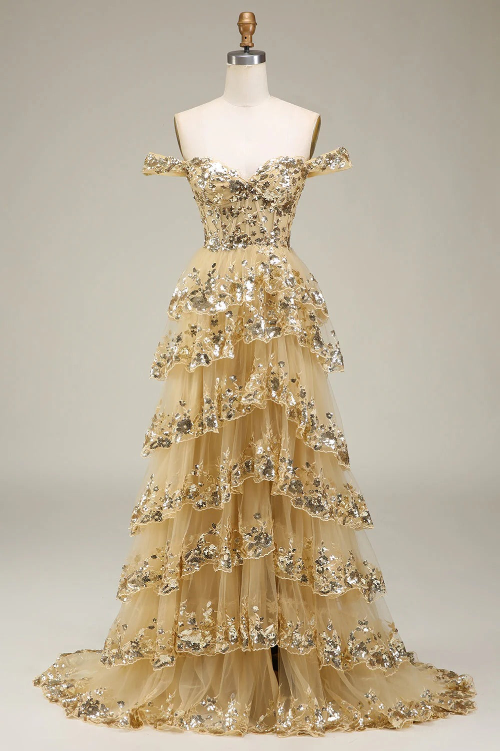 HEULORIA Off-the-Shoulder Tiered Tulle Prom Dress with Shimmering Sequins - Romantic Floor-Length Evening Gown ED-365