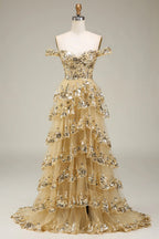 HEULORIA Off-the-Shoulder Tiered Tulle Prom Dress with Shimmering Sequins - Romantic Floor-Length Evening Gown ED-365