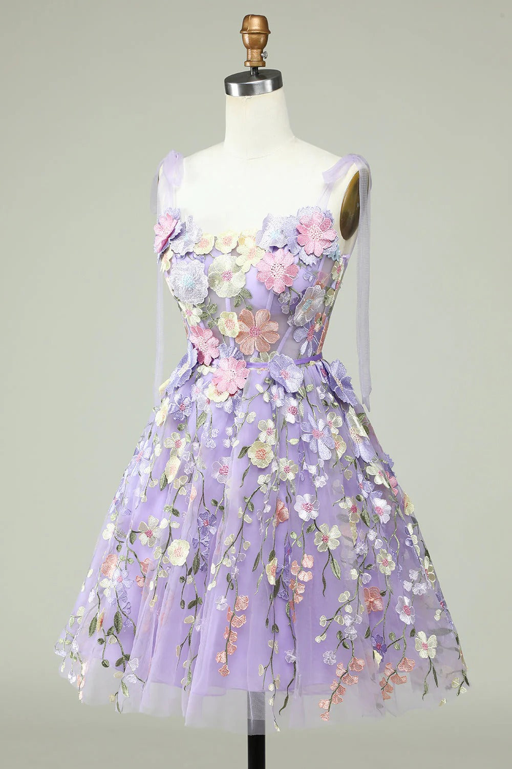 HEULORIA Enchanting Lavender 3D Floral Applique Tulle Prom Dress - Whimsical Tie-Strap Cocktail Party Gown ED-601