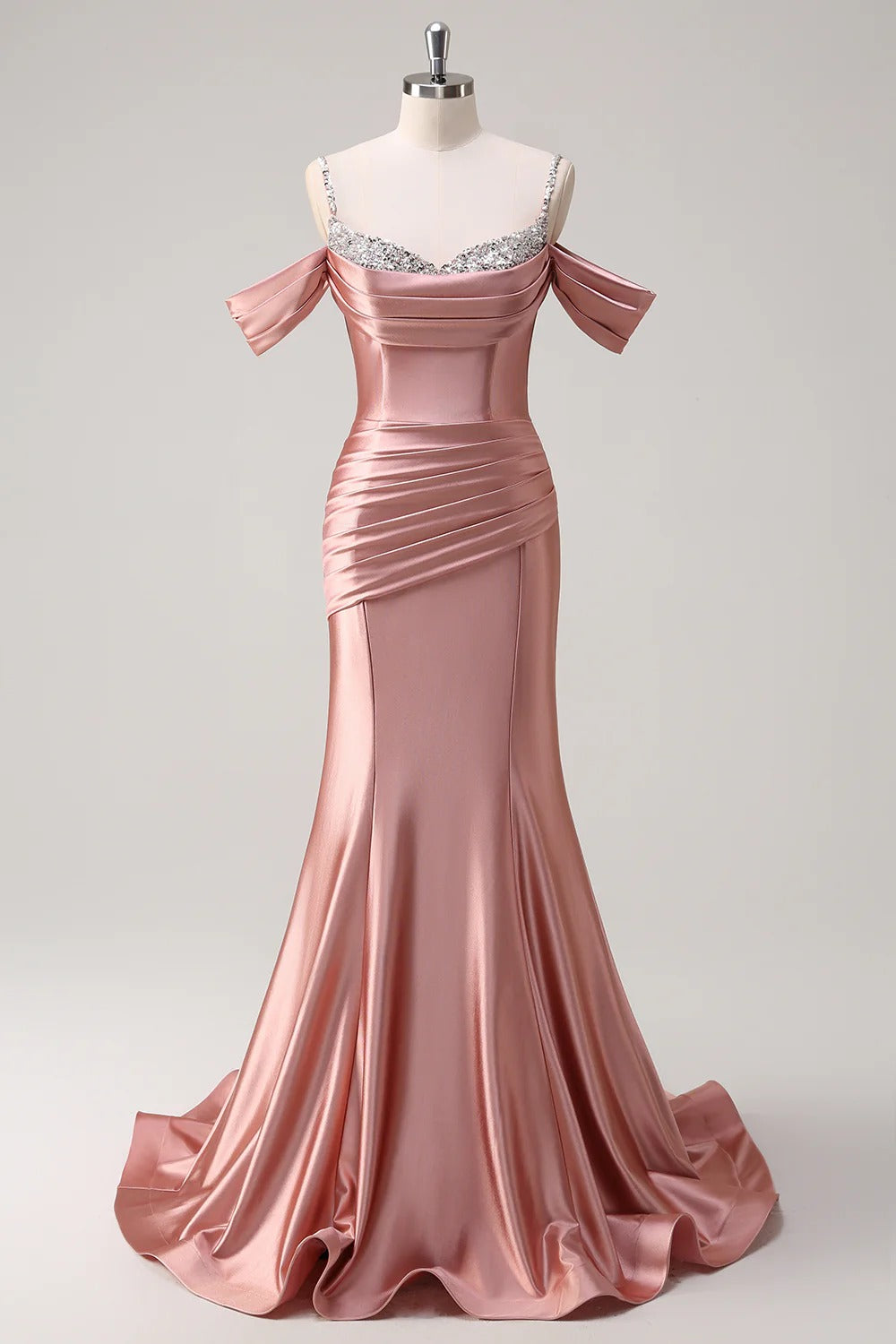 HEULORIA Elegant Ruched Satin Mermaid Evening Gown with Crystal Embellished Straps & Off-the-Shoulder Sleeves ED-349