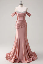 HEULORIA Elegant Ruched Satin Mermaid Evening Gown with Crystal Embellished Straps & Off-the-Shoulder Sleeves ED-349