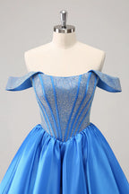 HEULORIA Sparkly Rhinestone Corset Homecoming Dress Off-the-Shoulder Satin Mini Party Gown ED-596