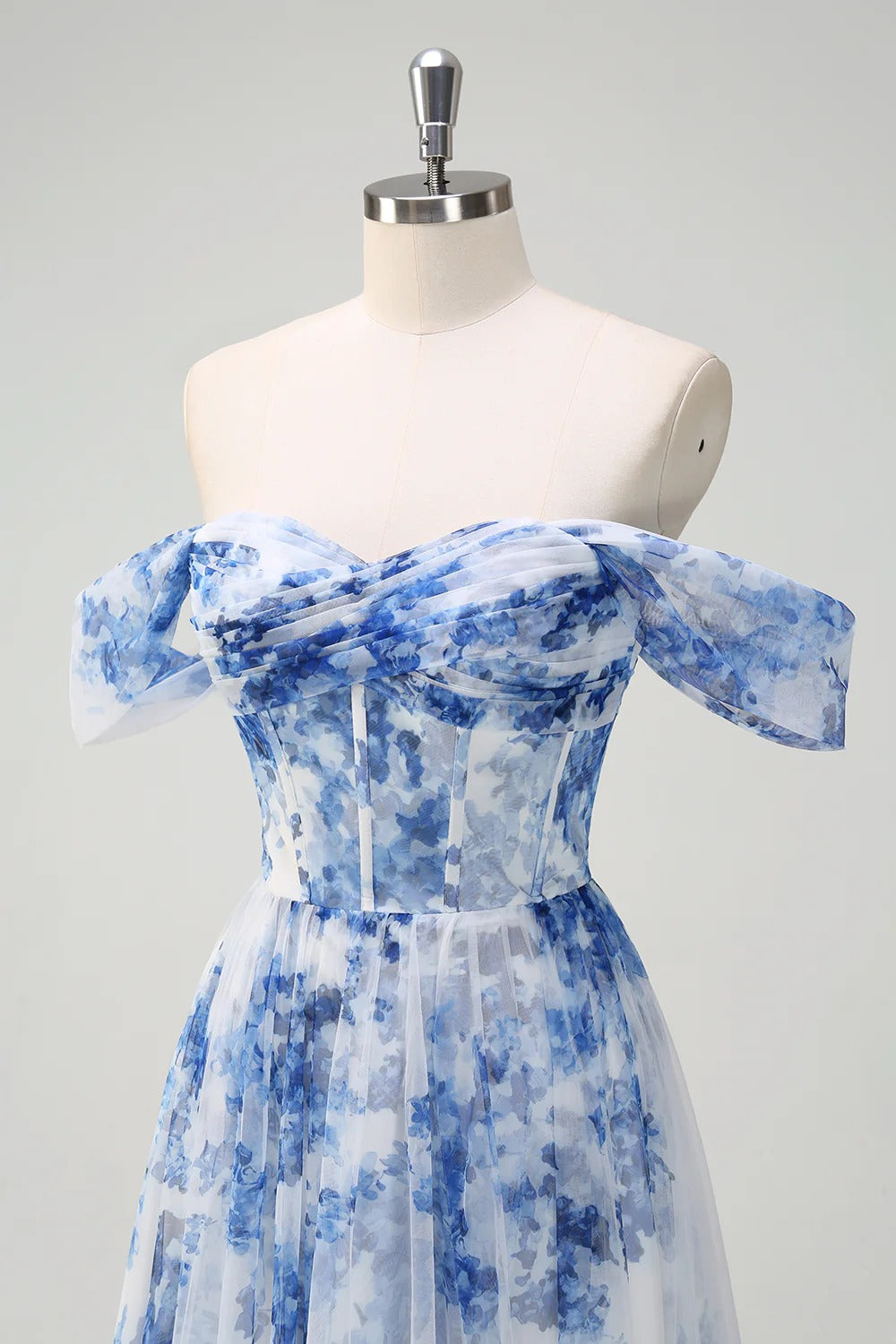 Heuloria Dreamy Blue Floral Strapless Tulle Prom Dress with High Slit and Corset Bodice ED-509
