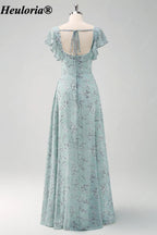 heuloria-Grey Green Floral Square Neck Flutter Sleeve Bridesmaid Dress-ed-558