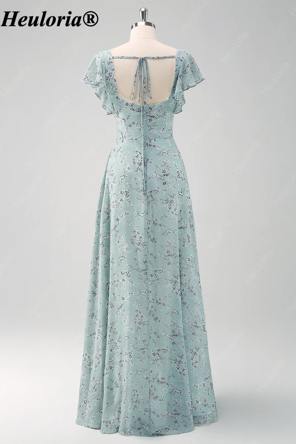 heuloria-Grey Green Floral Square Neck Flutter Sleeve Bridesmaid Dress-ed-558