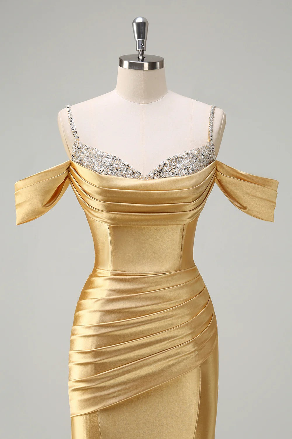 HEULORIA Elegant Ruched Satin Mermaid Evening Gown with Crystal Embellished Straps & Off-the-Shoulder Sleeves ED-349