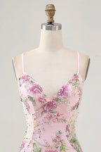 HEULORIA Floral Embroidered Sequin Bodycon Mini Dress with Sheer Mesh Cut-outs and Lace-Up Back ED-597