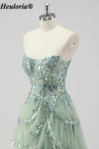 HEULORIA Sequin Lace Tiered Tulle Prom Dress with Spaghetti Straps ED-577