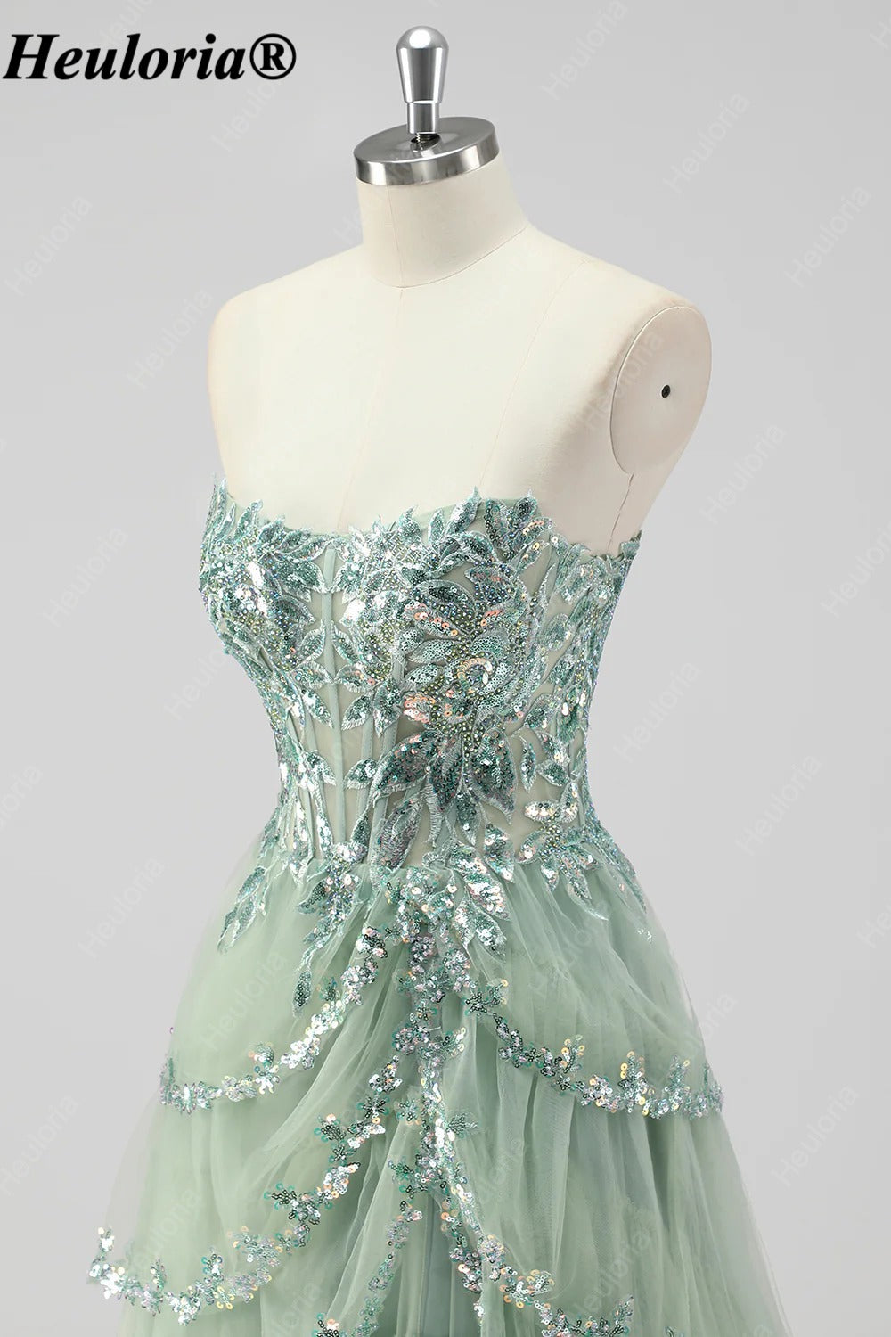 HEULORIA Sequin Lace Tiered Tulle Prom Dress with Spaghetti Straps ED-577