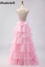 heuloria Strapless Lace Tiered Ruffle Prom Dress with Bow Waist ed-514
