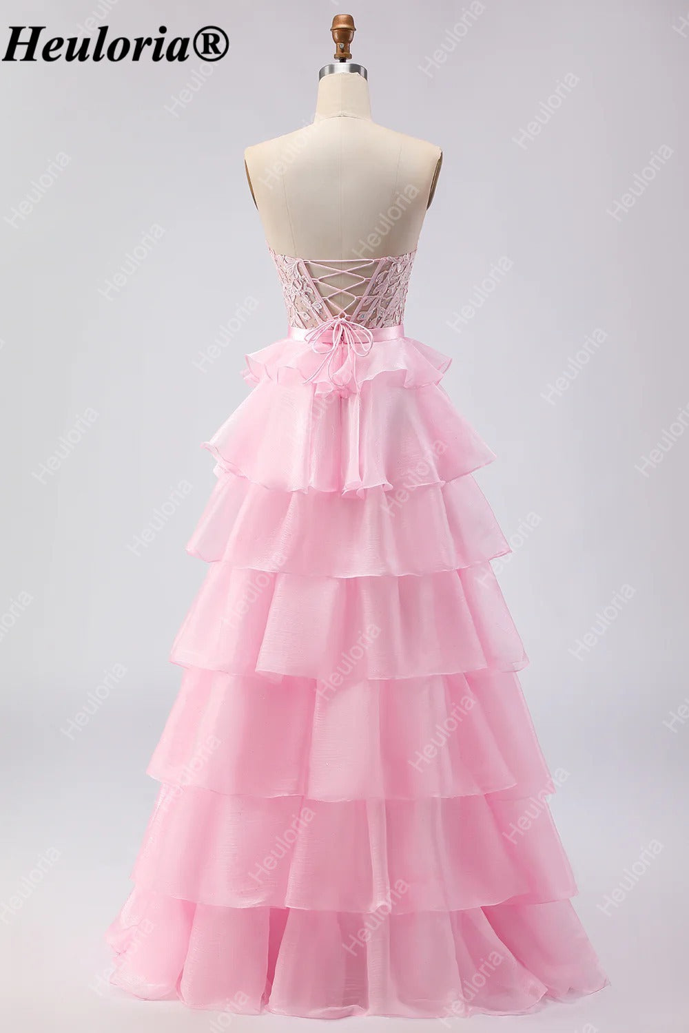 heuloria Strapless Lace Tiered Ruffle Prom Dress with Bow Waist ed-514