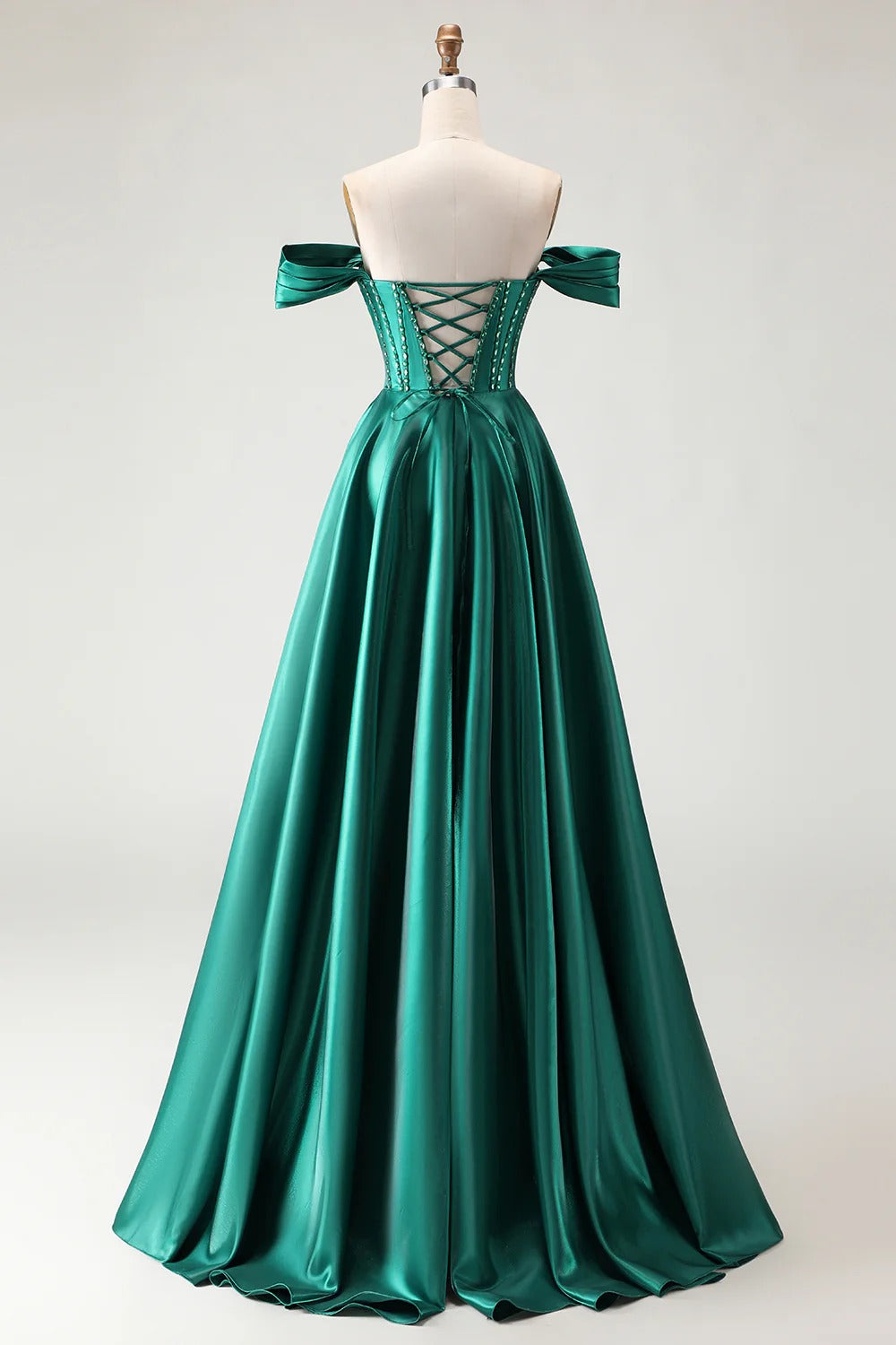 HEULORIA Off-the-Shoulder Sequin Beaded Satin Prom Dress with Slit & Corset Back ED-586