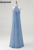 HEULORIA Halter Pleated Chiffon Bow Back Bridesmaid Dress ED-1101