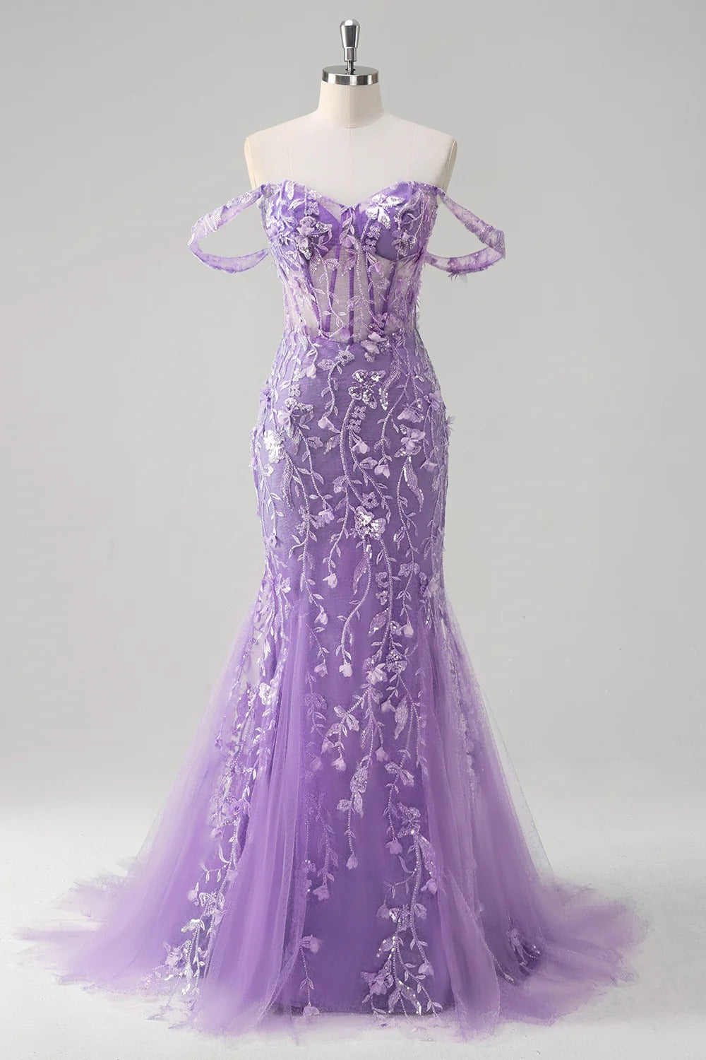 HEULORIA Enchanting Sky Blue 3D Floral Mermaid Prom Dress - Detachable Off-the-Shoulder Corset Evening Gown ED-350
