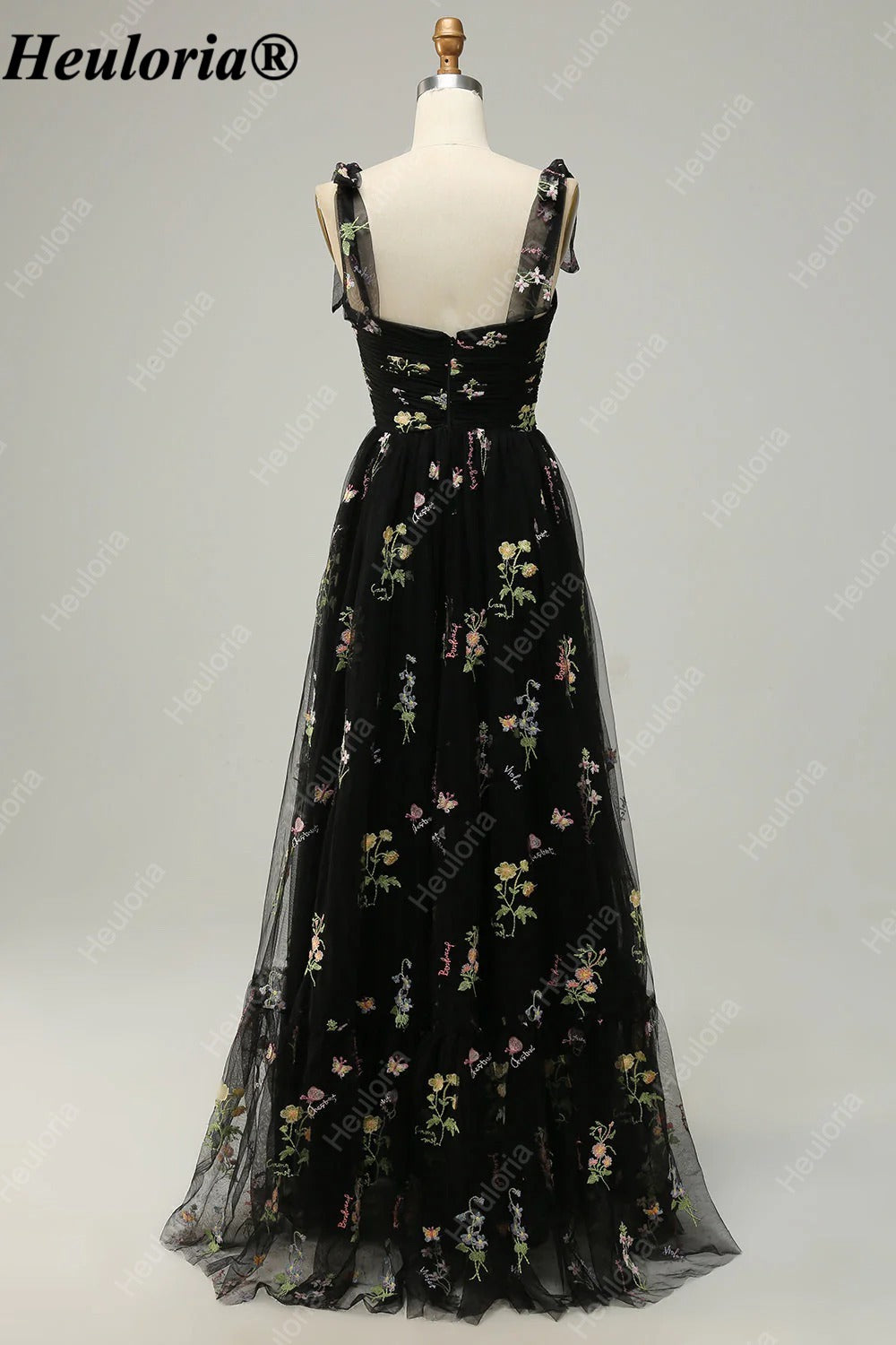 heuloria Floral Embroidered Tulle A-Line Dress with Bow Straps ed-525
