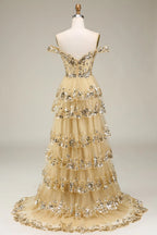 HEULORIA Off-the-Shoulder Tiered Tulle Prom Dress with Shimmering Sequins - Romantic Floor-Length Evening Gown ED-365