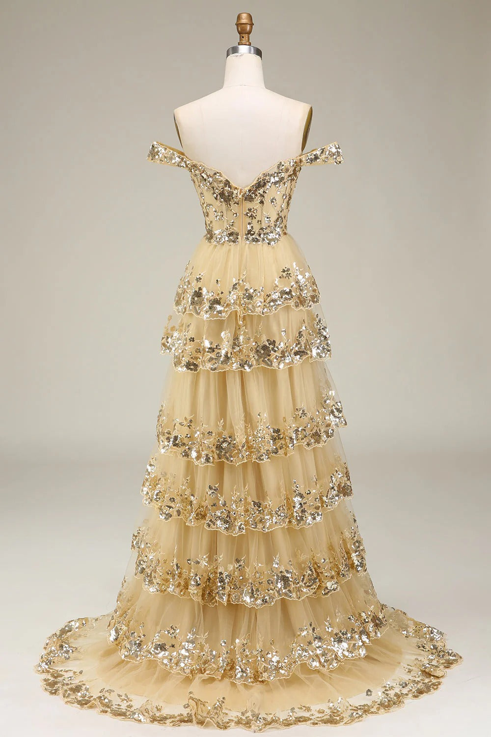 HEULORIA Off-the-Shoulder Tiered Tulle Prom Dress with Shimmering Sequins - Romantic Floor-Length Evening Gown ED-365