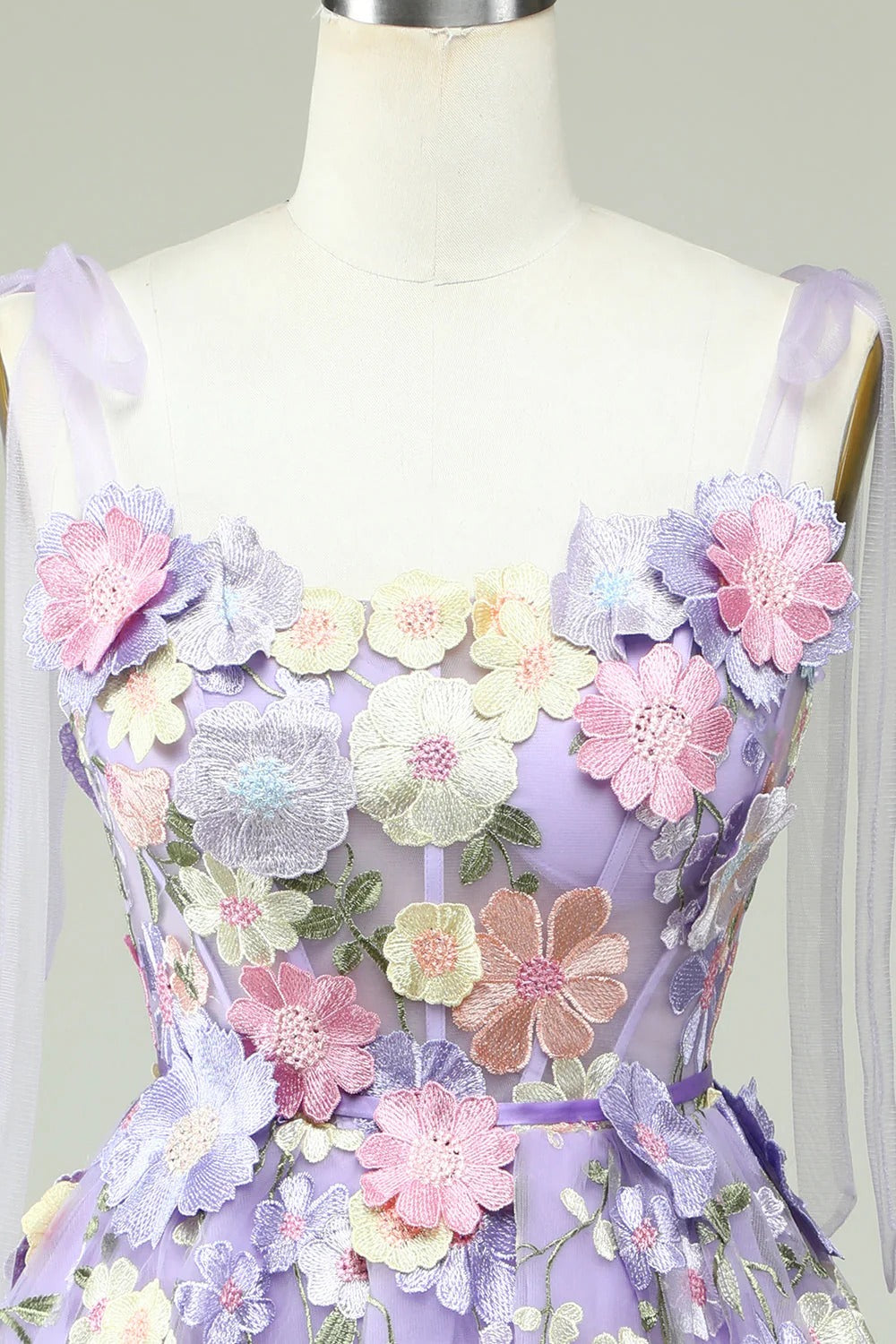 HEULORIA Enchanting Lavender 3D Floral Applique Tulle Prom Dress - Whimsical Tie-Strap Cocktail Party Gown ED-601