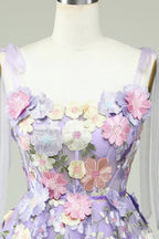 HEULORIA Enchanting Lavender 3D Floral Applique Tulle Prom Dress - Whimsical Tie-Strap Cocktail Party Gown ED-601