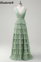 heuloria-Dusty Sage V-Neck Pleated Tiered Bridesmaid Dress with Slit-ed-559