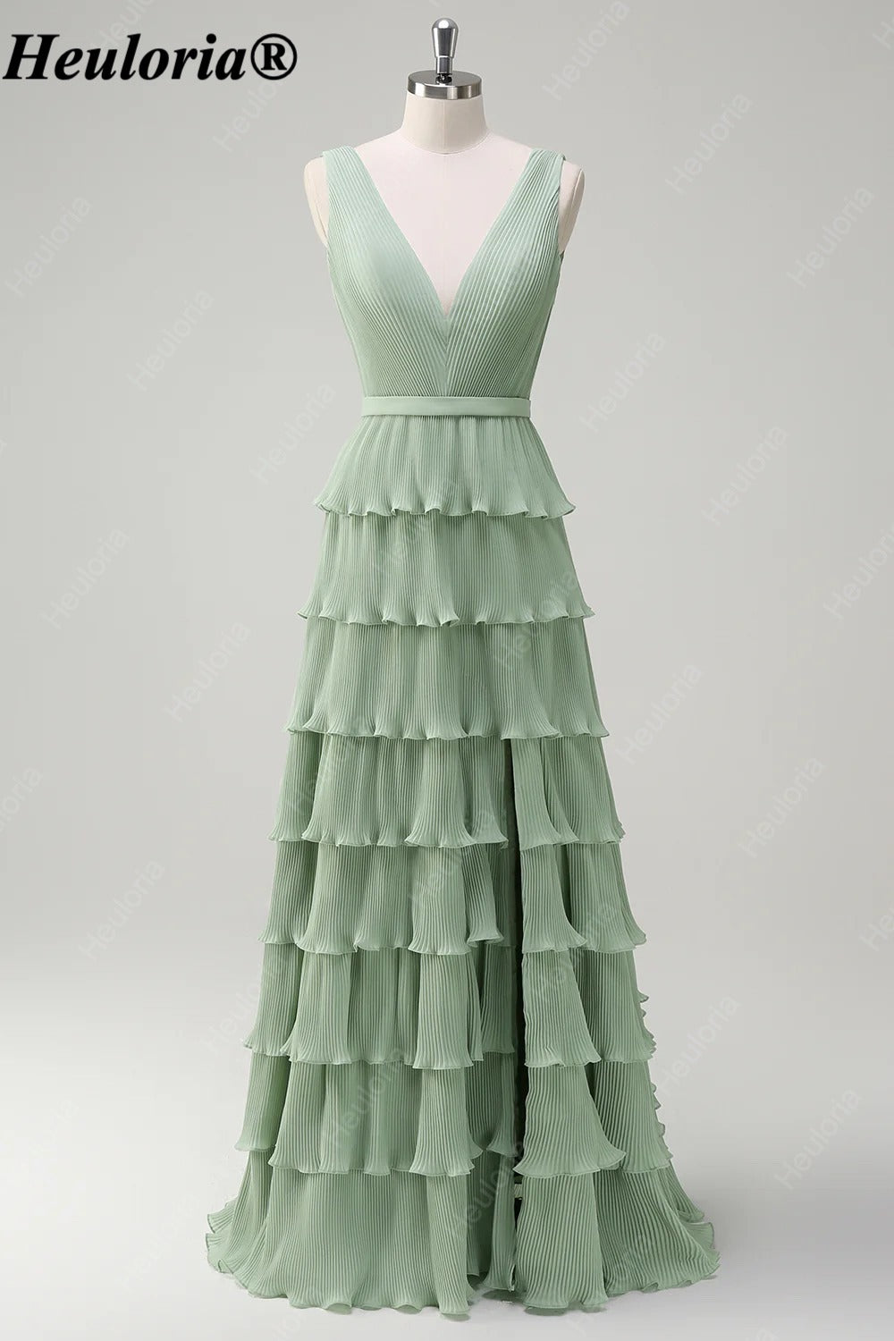 heuloria-Dusty Sage V-Neck Pleated Tiered Bridesmaid Dress with Slit-ed-559