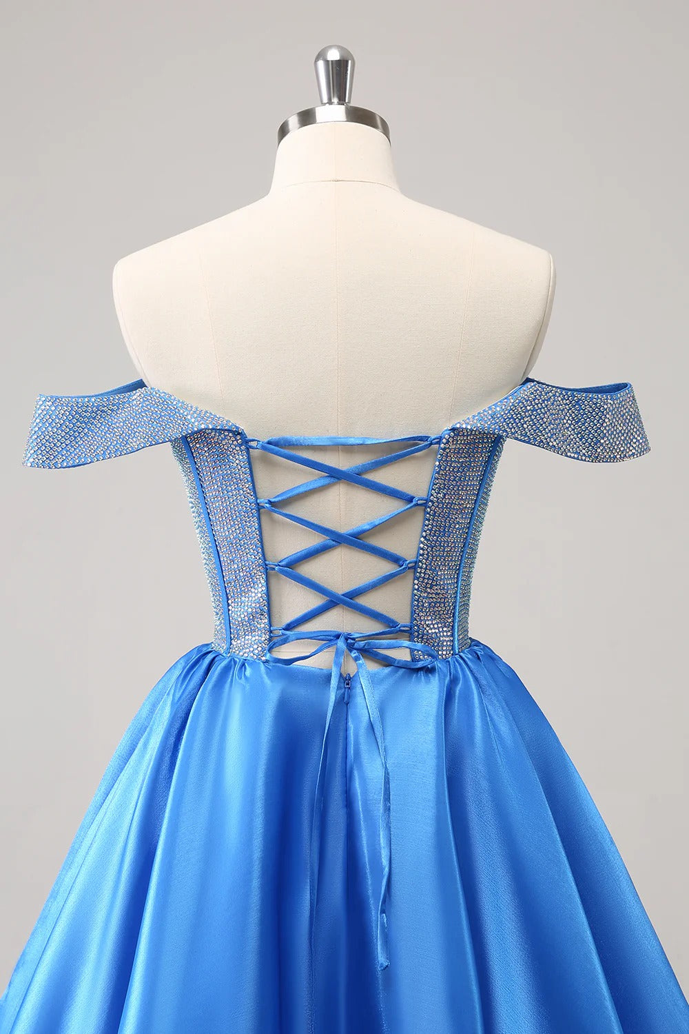 HEULORIA Sparkly Rhinestone Corset Homecoming Dress Off-the-Shoulder Satin Mini Party Gown ED-596