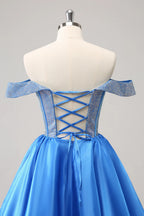 HEULORIA Sparkly Rhinestone Corset Homecoming Dress Off-the-Shoulder Satin Mini Party Gown ED-596