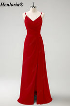 HEULORIA V-Neck Pleated Chiffon Bridesmaid Dress with Slit | ED-957