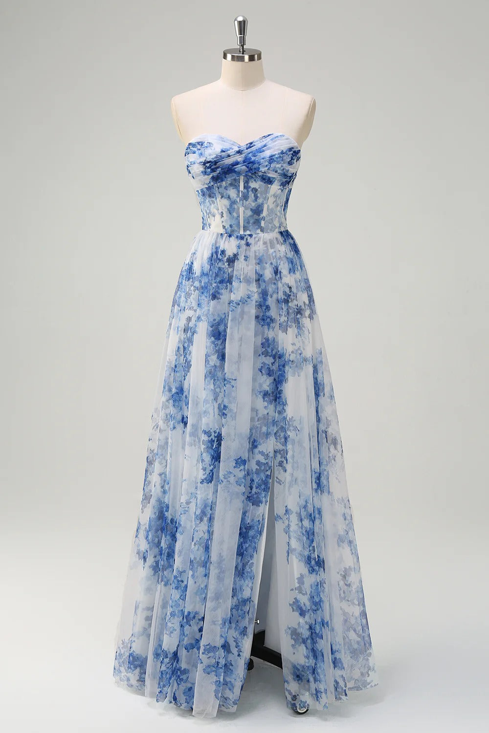 Heuloria Dreamy Blue Floral Strapless Tulle Prom Dress with High Slit and Corset Bodice ED-509