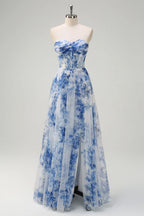 Heuloria Dreamy Blue Floral Strapless Tulle Prom Dress with High Slit and Corset Bodice ED-509