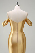 HEULORIA Elegant Ruched Satin Mermaid Evening Gown with Crystal Embellished Straps & Off-the-Shoulder Sleeves ED-349