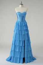HEULORIA Strapless Corset Bodice Tiered Ruffle Evening Gown - Multi-Color prom dress ED-236